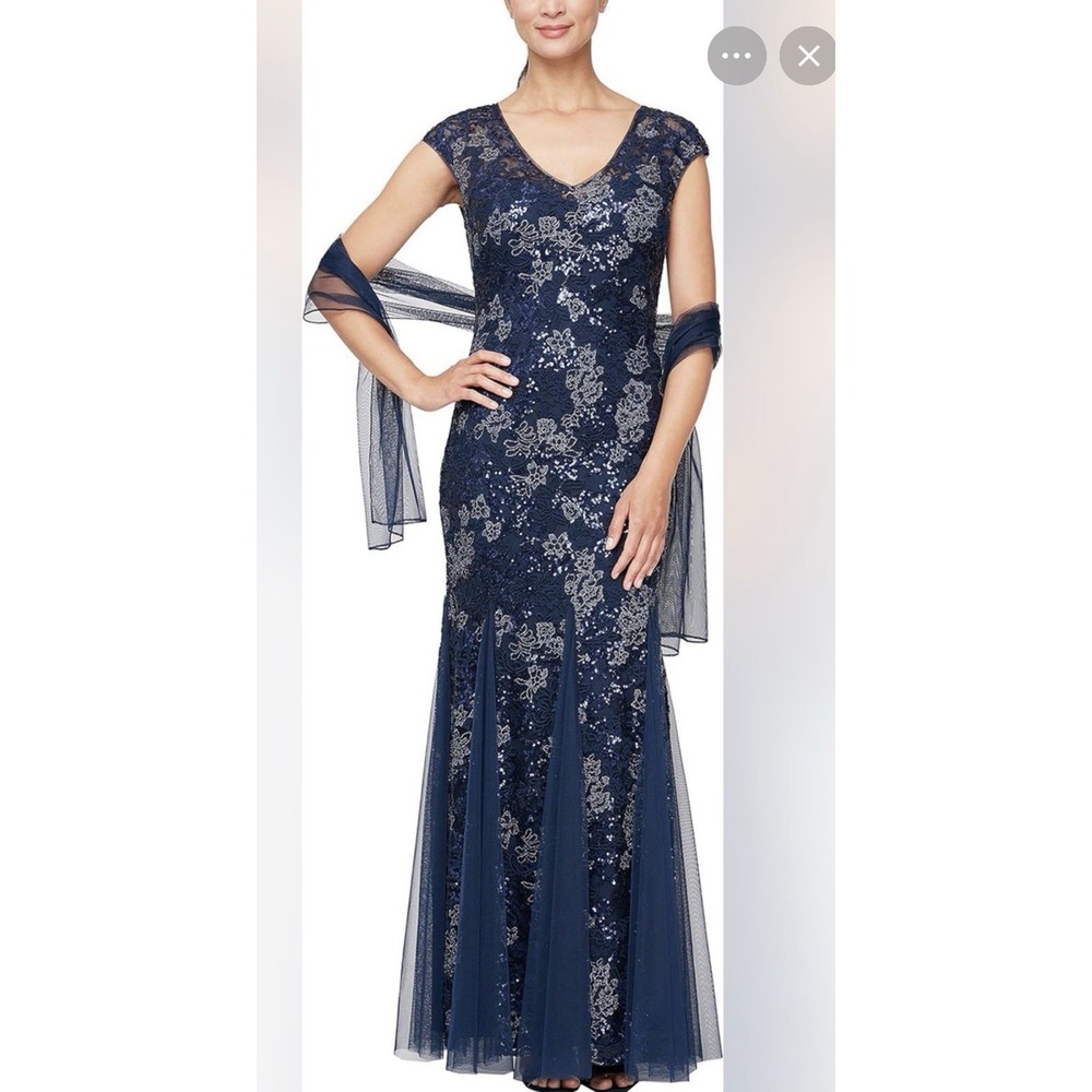 ALEX EVENINGS Navy Blue Sequin Embroidered Trumpet Gown Dress 16P NWT $269